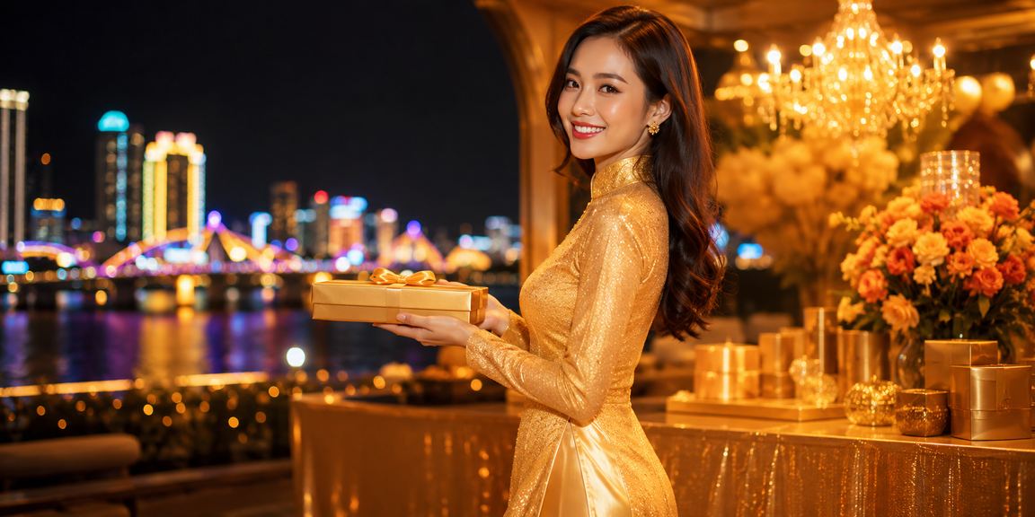 Thành viên VIP tại Đà Nẵng nhận thông báo giao dịch thưởng tài chính trên điện thoại trong trang phục áo dài