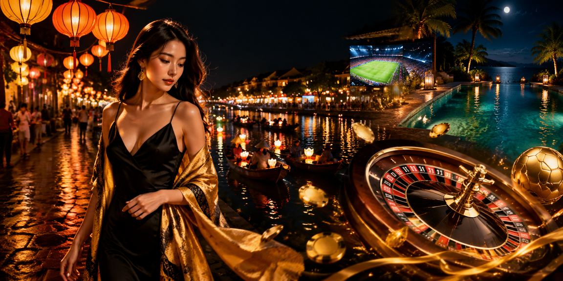 Không khí sôi động tại chợ đêm Hội An nơi người dùng theo dõi kết quả thể thao và giải trí buổi tối